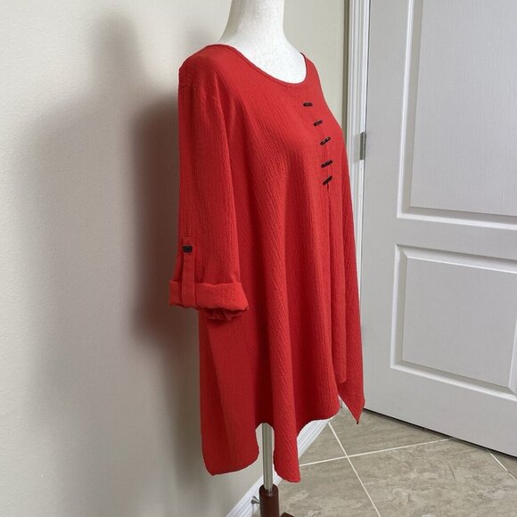 Ali Miles Tunic Top Women 1X Asymmetrical Artsy Crinkle Textured Long Sleeve Red - Picture 5 of 16